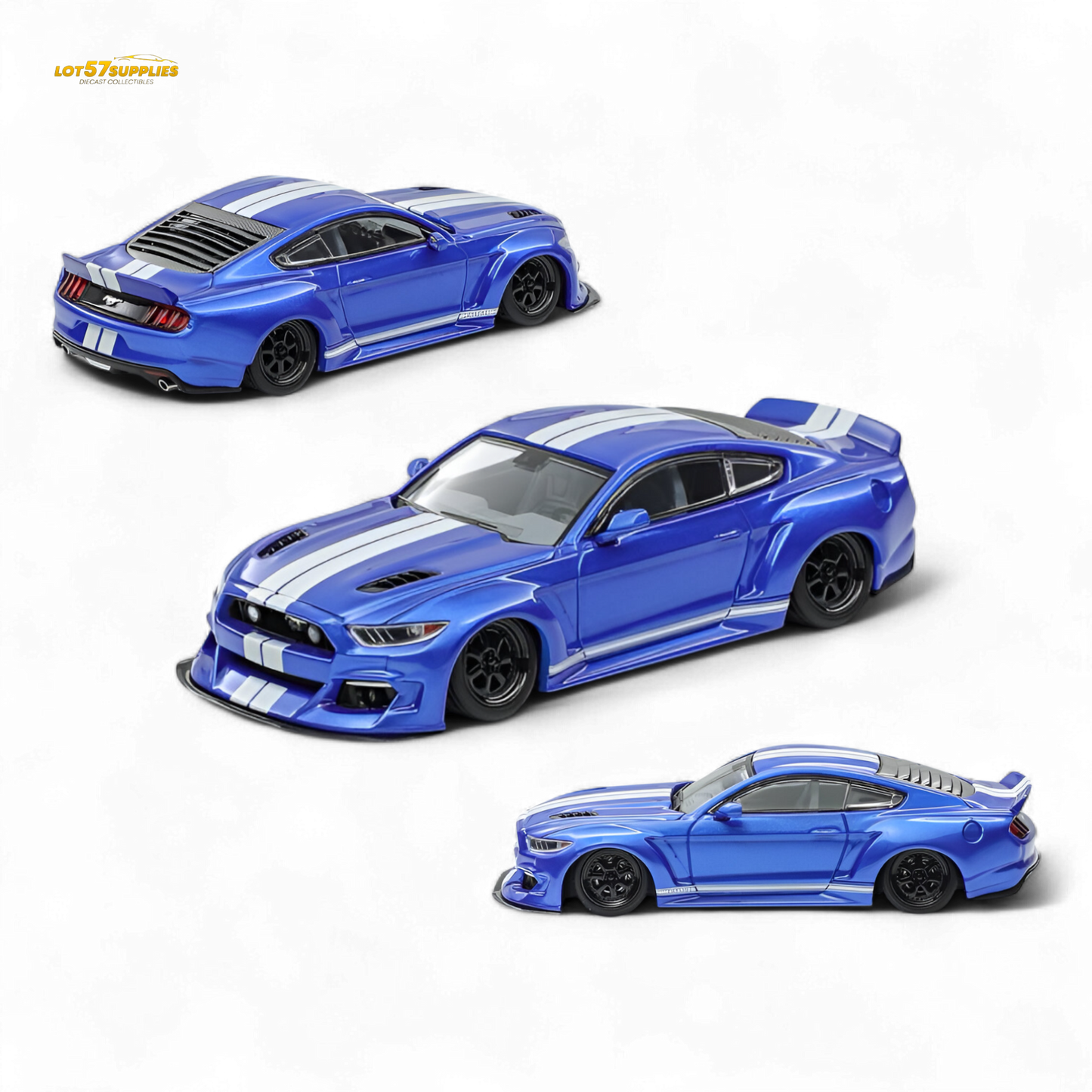 (Pre-Order) Liberty 64 Mustang Lowered Widebody Kit - Metallic Blue + White Stripes 1:64