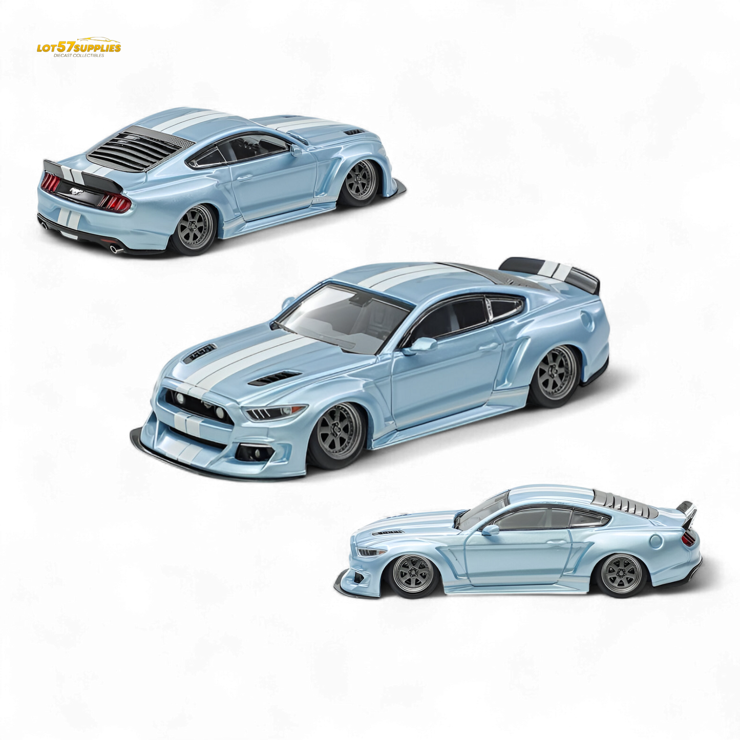 (Pre-Order) Liberty 64 Mustang Lowered Widebody Kit - Ice Blue + White Stripes 1:64