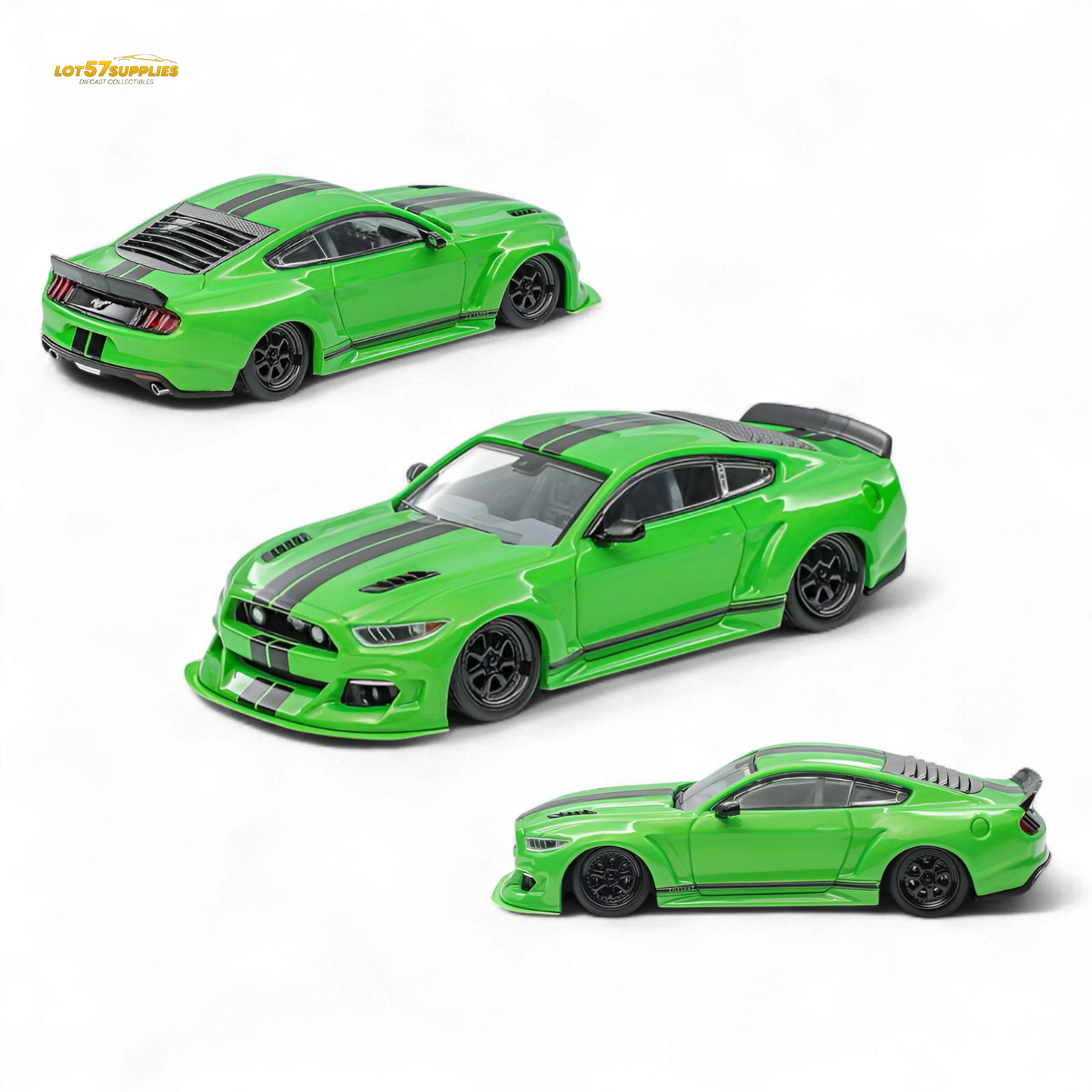 (Pre-Order) Liberty 64 Mustang Lowered Widebody Kit - Fluorescent Metallic Green + Black Stripes 1:64