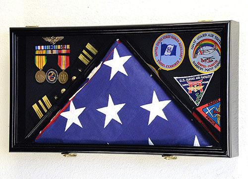 Large Flag & Medals Military Pins Patches Insignia Holds up to 5x9 Flag - black material