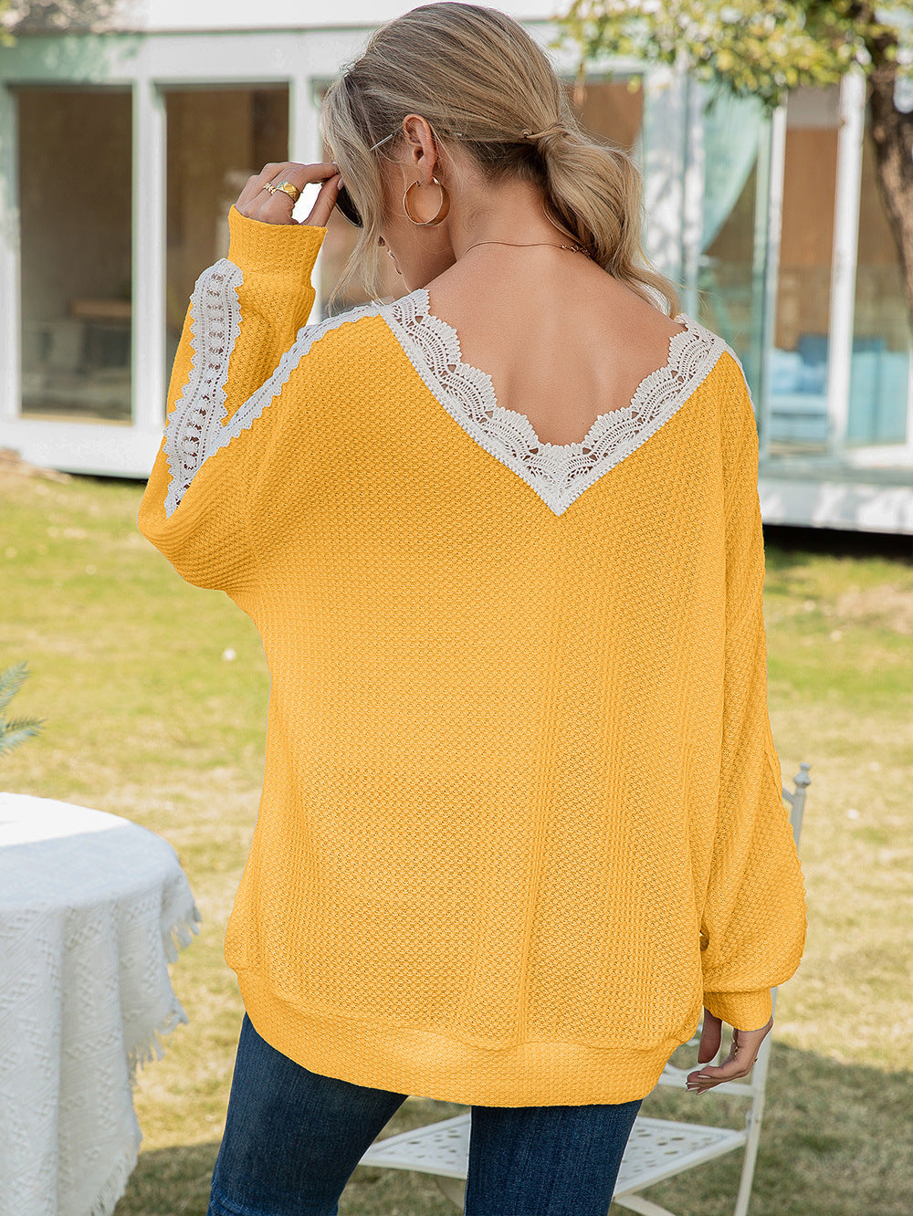 Ivy Lane Contrast Spliced Lace V-Neck Top
