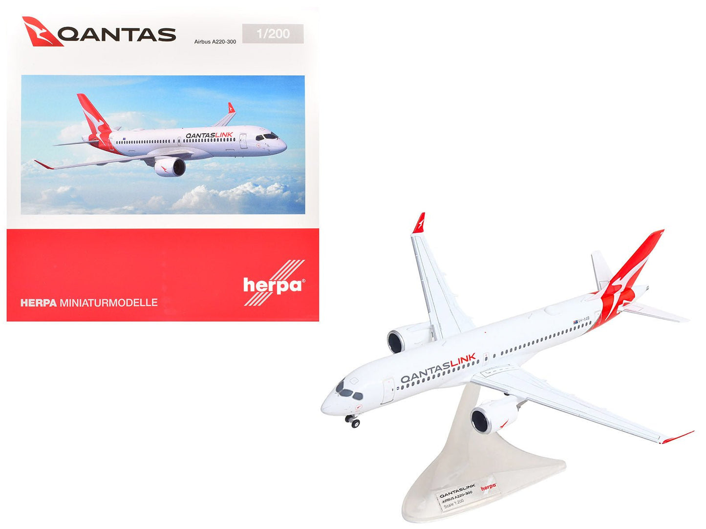 Airbus A220-300 Commercial Aircraft "QantasLink" (VH-X4B) White with Red Tail 1/200 Diecast Model by Herpa free shipping USA