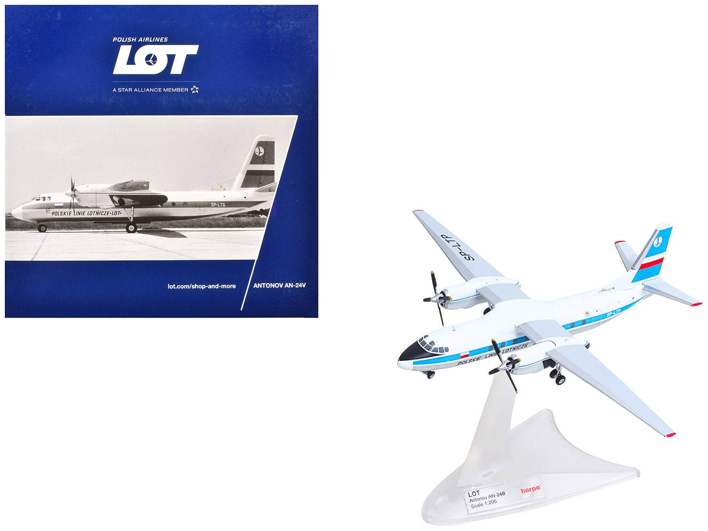 Antonov AN-24V Commercial Aircraft "LOT Polish Airlines" (SP-LTP) White with Blue Stripes and Tail 1/200 Diecast Model by Herpa free shipping USA