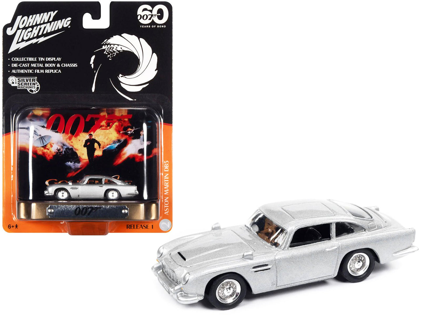 Aston Martin DB5 RHD (Right Hand Drive) Silver Metallic 007 (James Bond) "GoldenEye" (1995) Movie with Collectible Tin Display "Silver Screen Machines" Series 1/64 Diecast Model Car by Johnny Lightning free shipping USA