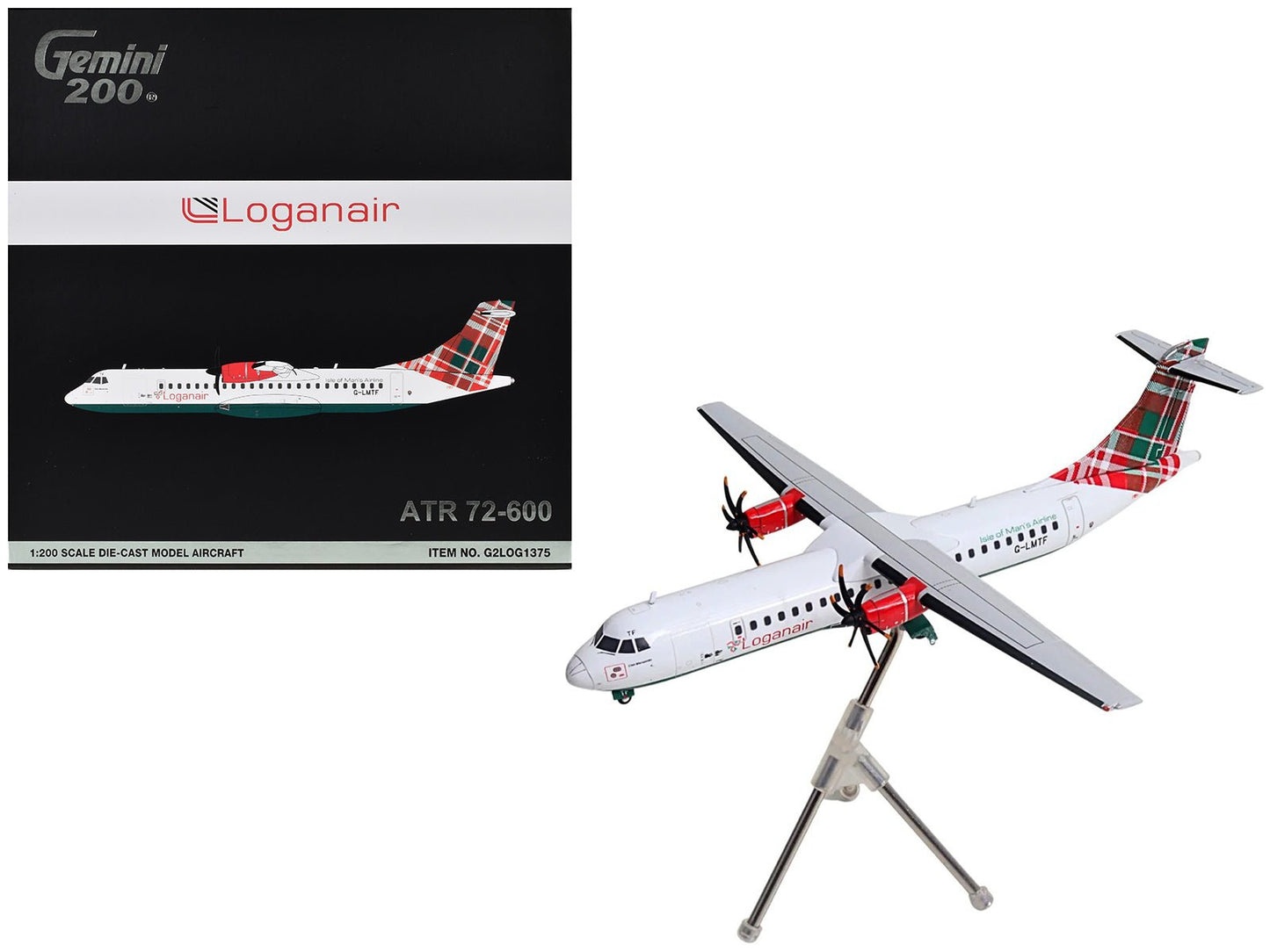 ATR 72-600 Commercial Aircraft "Loganair - Isle of Man's Airline" (G-LMTF) White with Green and Red Plaid Tail "Gemini 200" Series 1/200 Diecast Model Airplane by GeminiJets free shipping USA