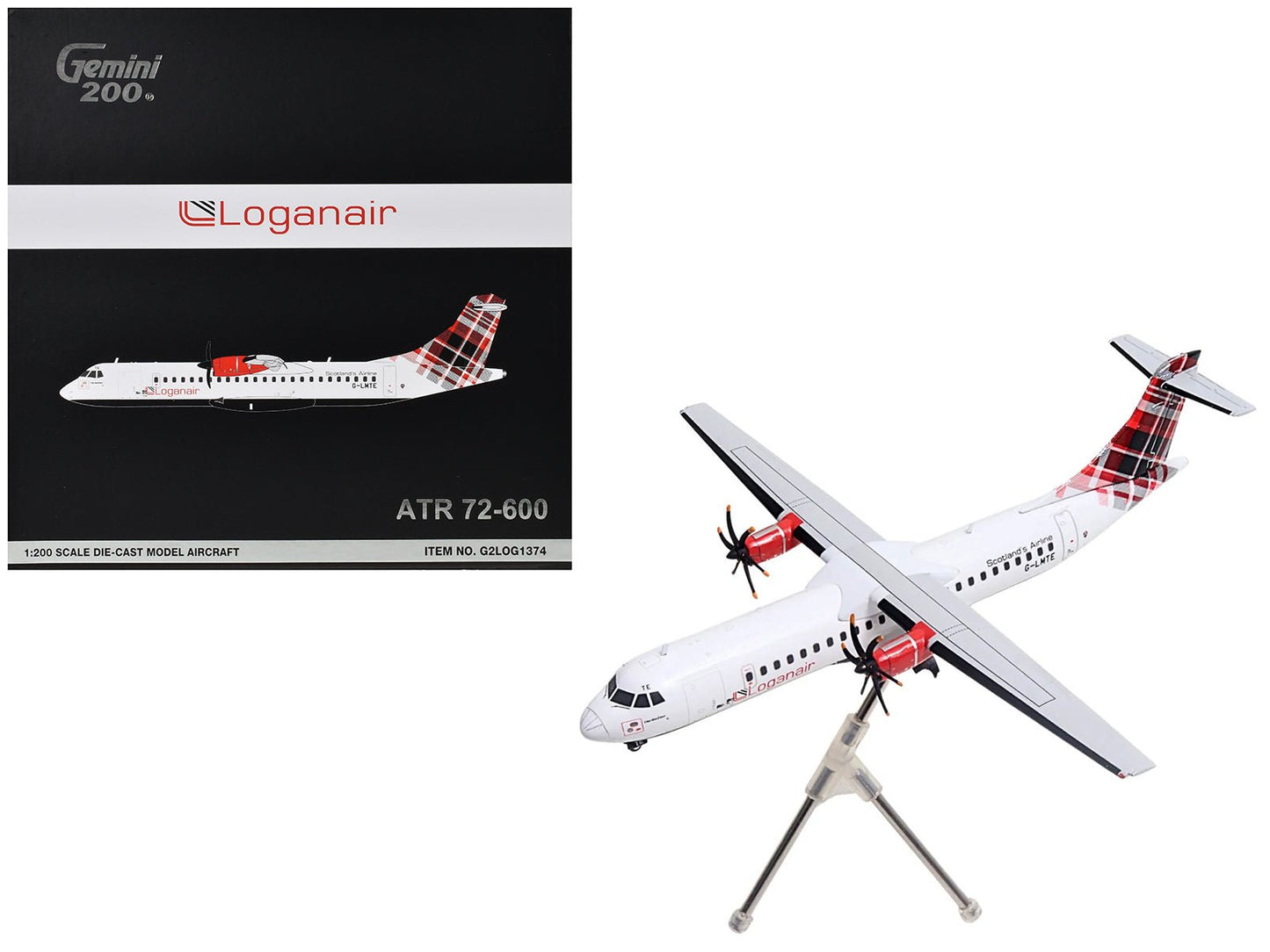 ATR 72-600 Commercial Aircraft "Loganair - Scotland's Airline" (G-LMTE) White with Red Plaid Tail "Gemini 200" Series 1/200 Diecast Model Airplane by GeminiJets free shipping USA