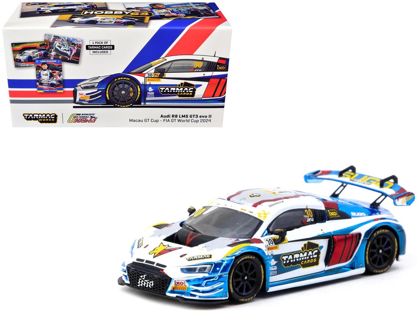 Audi R8 LMS GT3 evo II #30 James Yu "Uno Racing Team" "Macau GT Cup - FIA GT World Cup" (2024) with Plastic Transporter Packaging and Collectible Tarmac Cards "Hobby64" Series 1/64 Diecast Model Car by Tarmac Works free shipping USA