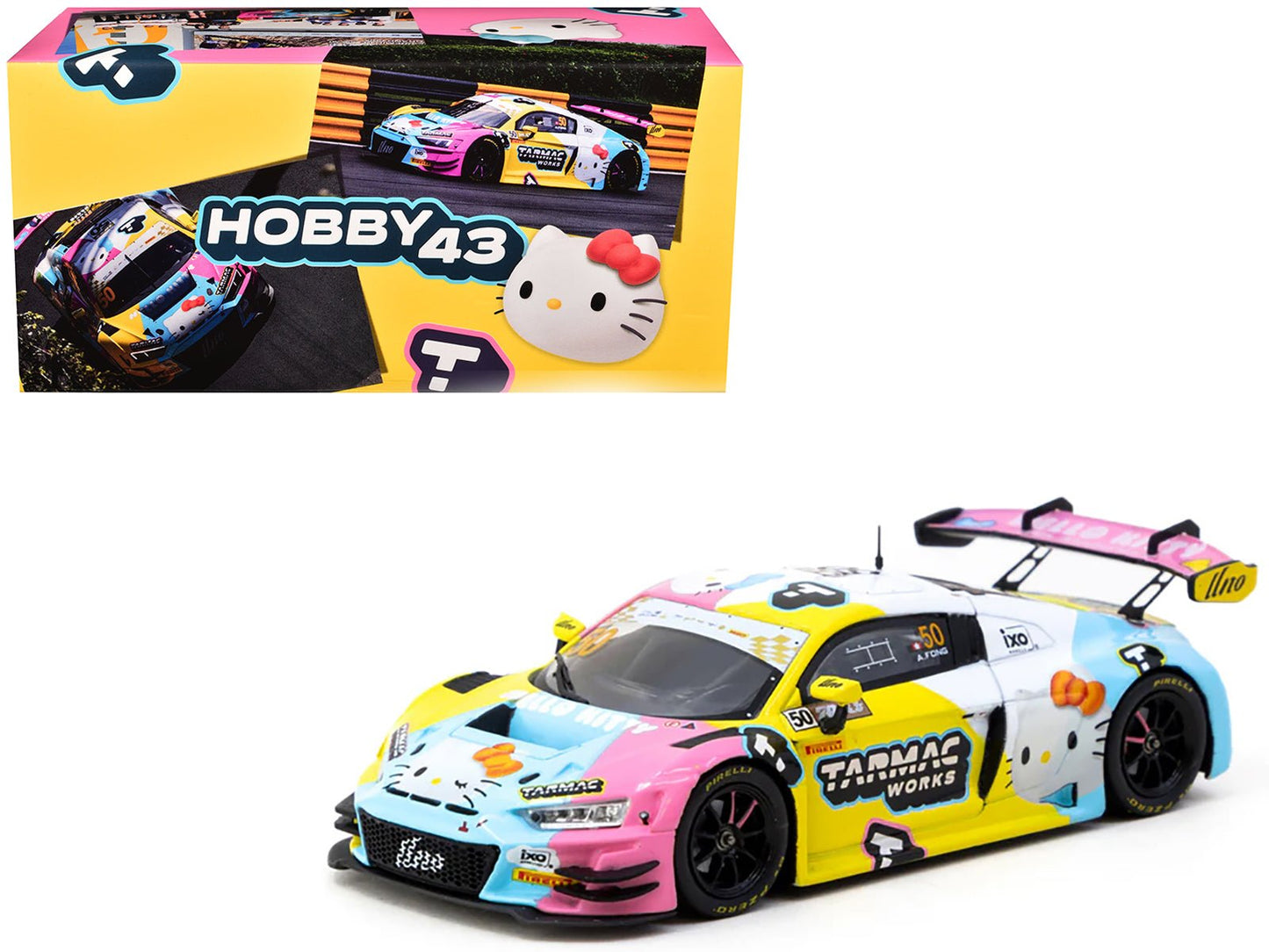 Audi R8 LMS GT3 Evo II #50 Adderly Fong "Macau GP Cup - Hello Kitty 50th Anniversary" "FIA GT World Cup" (2023) with Cards "Hobby43" Series 1/43 Diecast Model Car by Tarmac Works free shipping USA