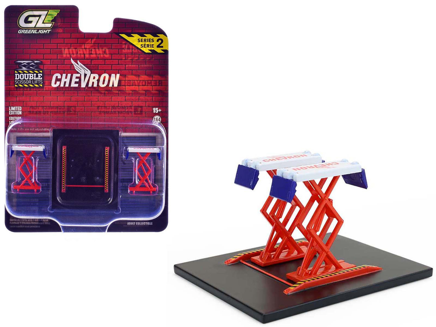 Automotive Double Scissor Lift "Chevron" White and Red "Double Scissor Lifts" Series 2 1/64 Diecast Model by Greenlight free shipping USA