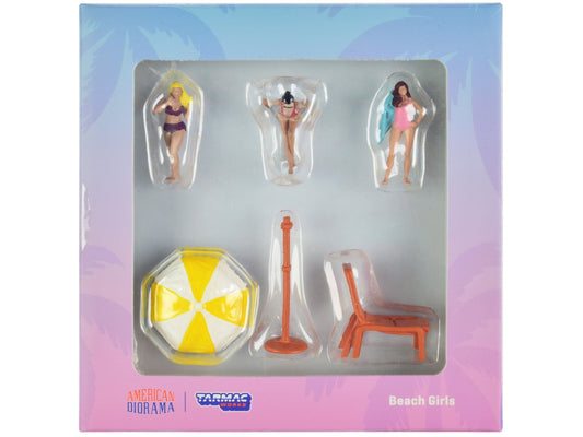"Beach Girls" 5 piece Diecast Figure Set (3 Female Figures and 2 Beach Accessories) for 1/64 Scale Models by Tarmac Works & American Diorama free shipping USA