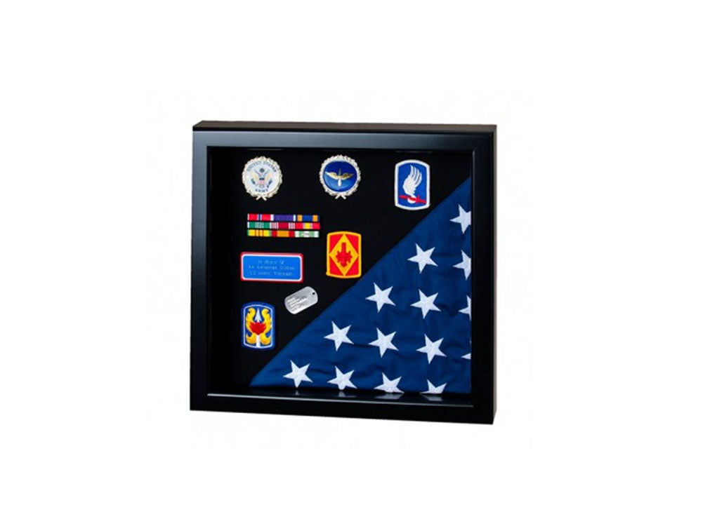 Flag Display Case showcases both the flag and military awards,(Red Felt)