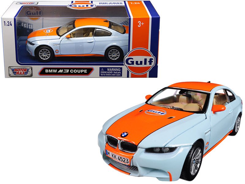 BMW M3 Coupe with "Gulf Oil" Livery Light Blue with Orange Stripe 1/24 Diecast Model Car by Motormax free shipping USA