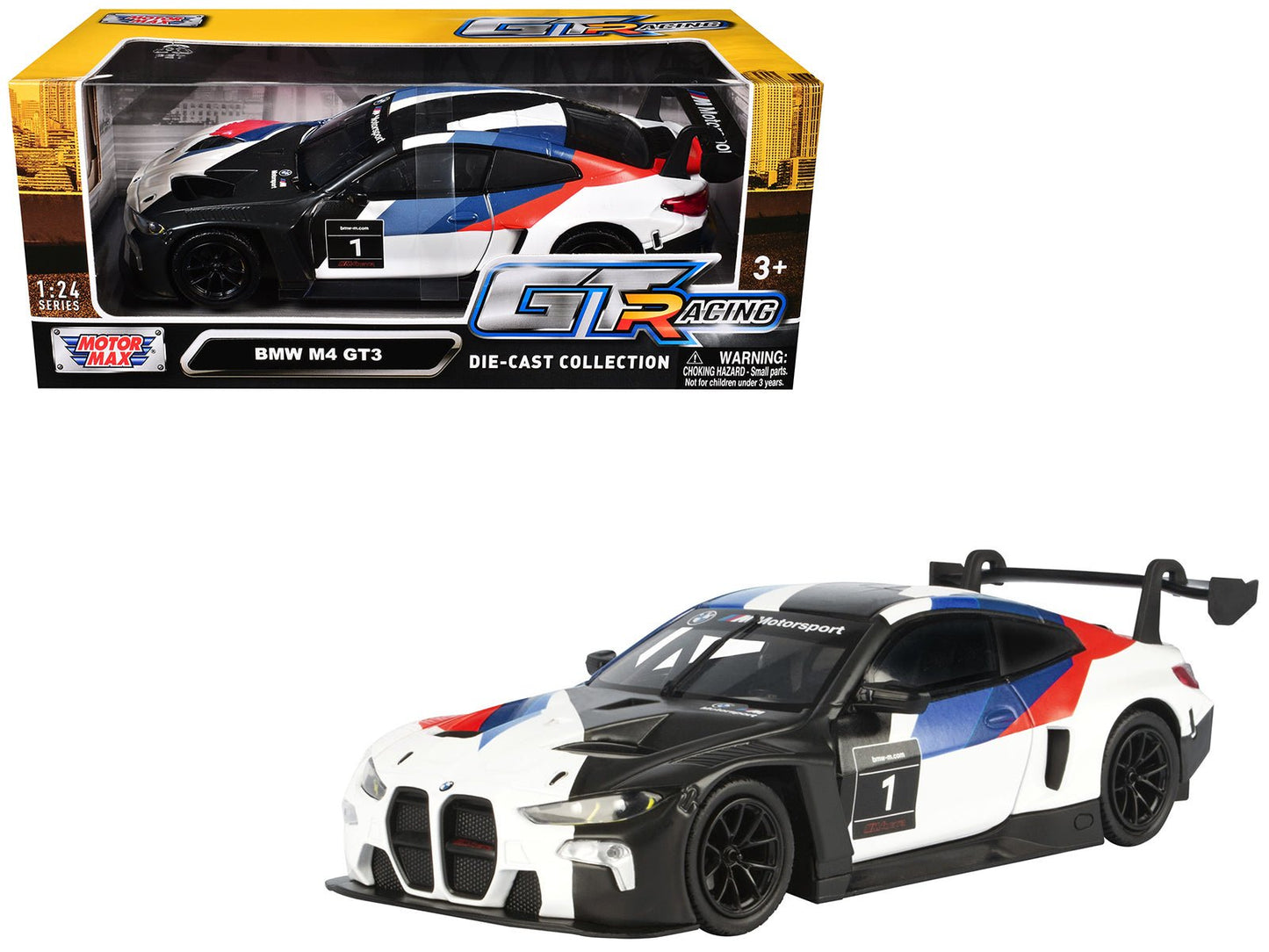 BMW M4 GT3 #1 White with Black Blue and Red Graphics "GT Racing" Series 1/24 Diecast Model Car by Motormax free shipping USA