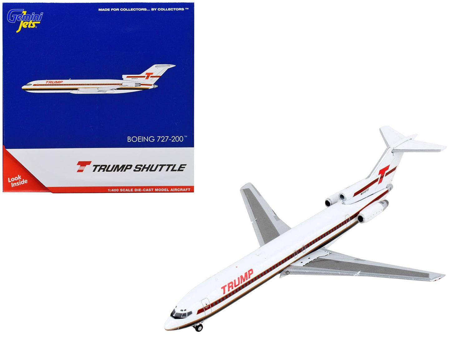 Boeing 727-200 Commercial Aircraft "Trump Shuttle" White with Red Stripes 1/400 Diecast Model Airplane by GeminiJets free shipping USA