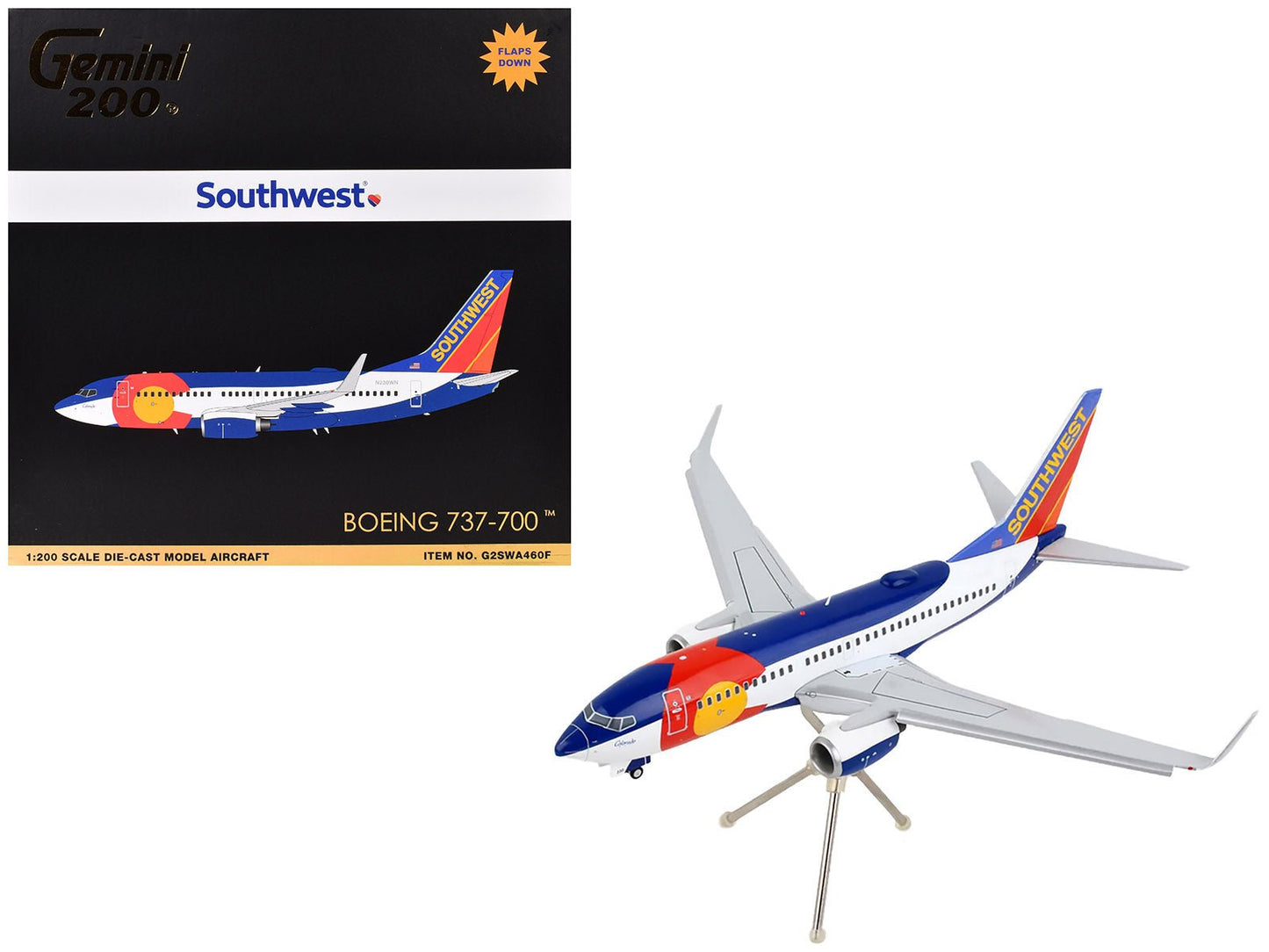 Boeing 737-700 Commercial Aircraft with Flaps Down Configuration "Southwest Airlines - Colorado One" (N230WN) White and Blue "Gemini 200" Series 1/200 Diecast Model Airplane by GeminiJets free shipping USA