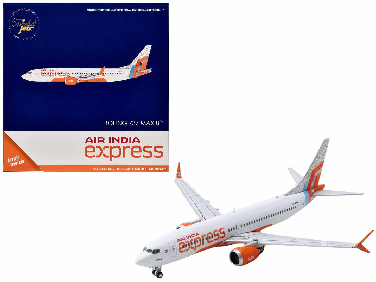 Boeing 737 MAX 8 Commercial Aircraft "Air India Express" (VT-BXA) White with Tail Graphics 1/400 Diecast Model Airplane by GeminiJets free shipping USA