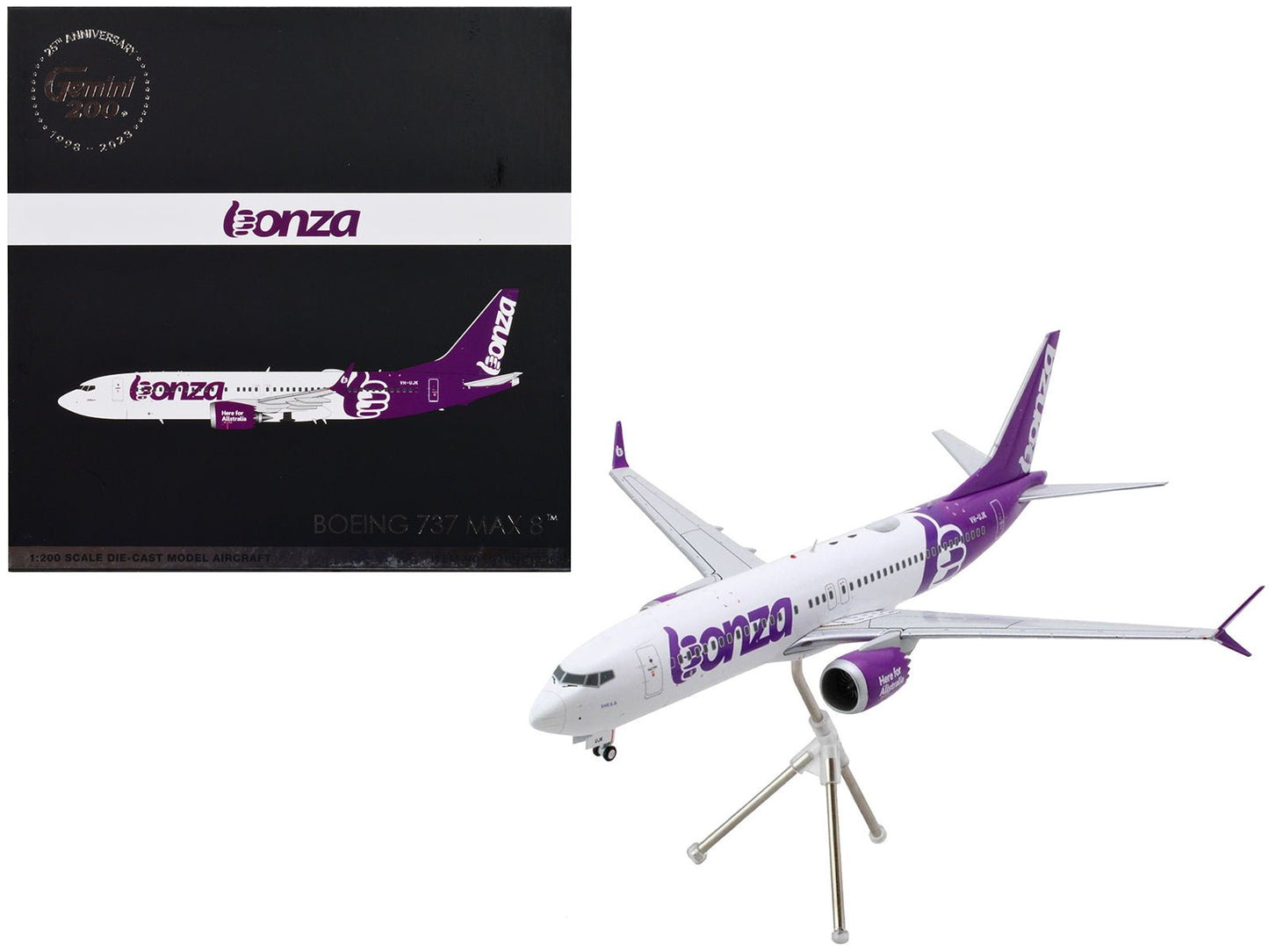 Boeing 737 MAX 8 Commercial Aircraft "Bonza Aviation" (VH-UJK) White with Purple Tail "Gemini 200" Series 1/200 Diecast Model Airplane by GeminiJets free shipping USA