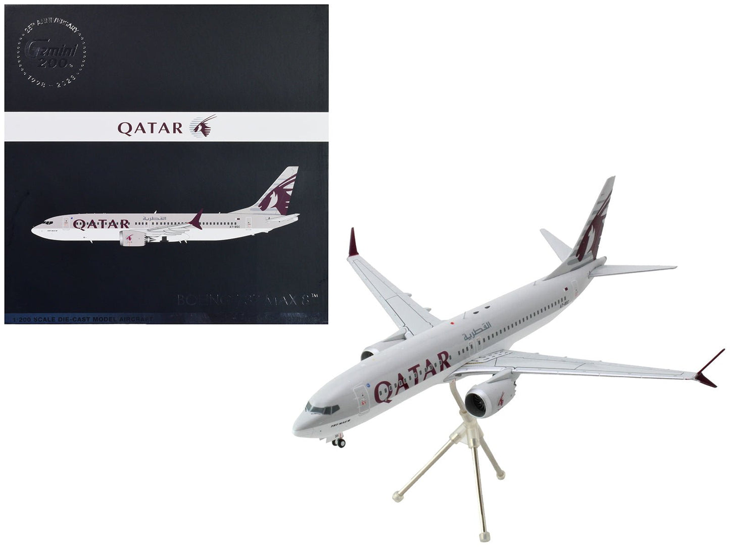 Boeing 737 MAX 8 Commercial Aircraft "Qatar Airways" Gray and White with Tail Graphics "Gemini 200" Series 1/200 Diecast Model Airplane by GeminiJets free shipping USA