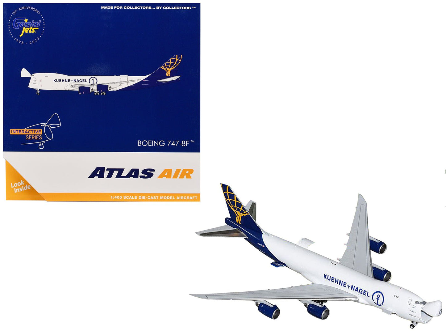 Boeing 747-8F Commercial Aircraft "Atlas Air - Kuehne+Nagel" (N862GT) White with Blue Tail "Interactive Series" 1/400 Diecast Model Airplane by GeminiJets free shipping USA