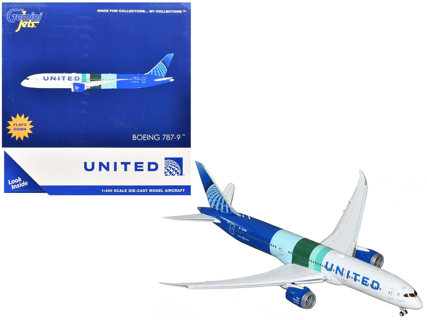 Boeing 787-9 Commercial Aircraft with Flaps Down "United Airlines - The Future is SAF" (N24988) White and Blue with Stripes 1/400 Diecast Model Airplane by GeminiJets free shipping USA