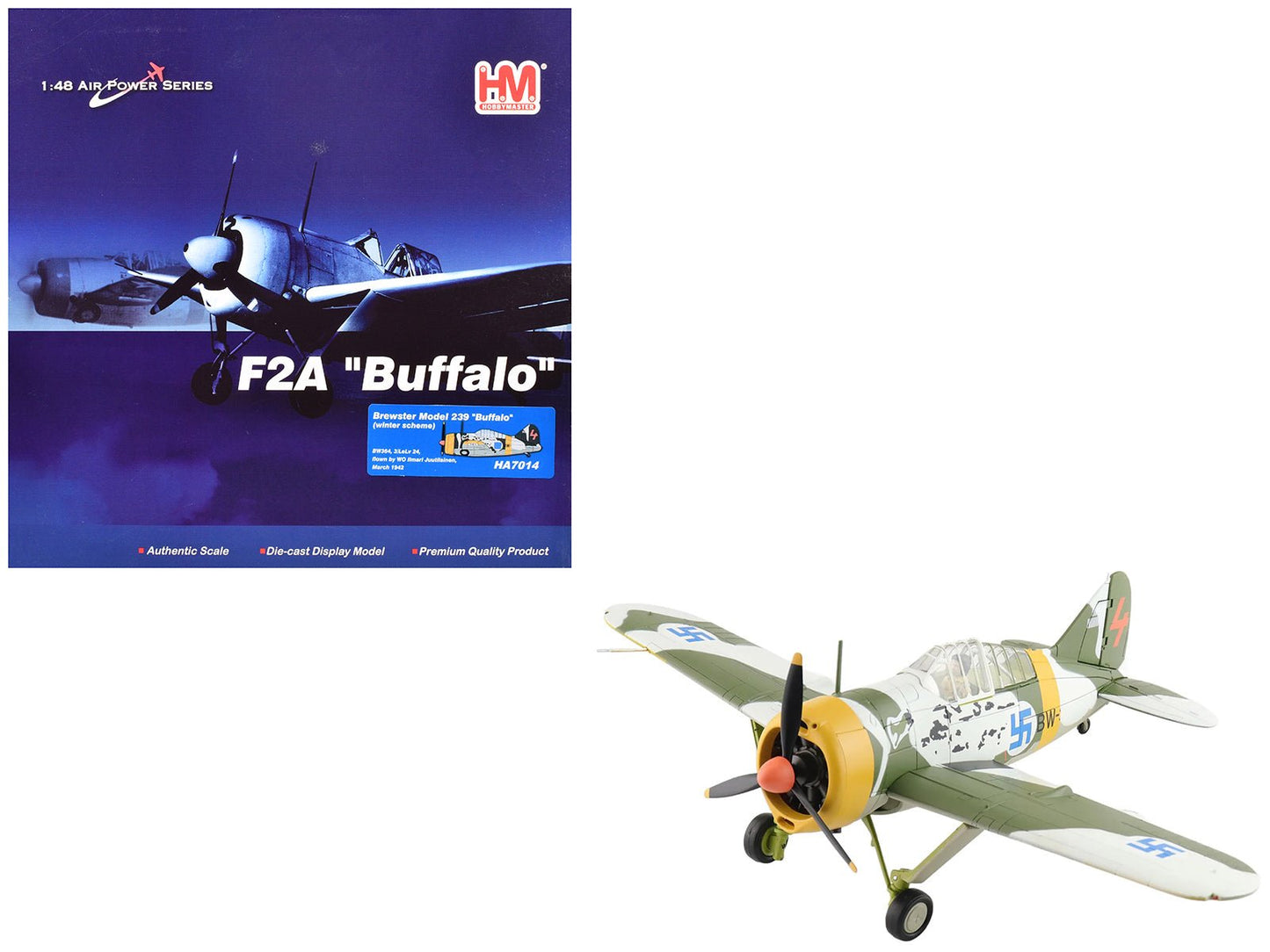 Brewster F2A Model 239 "Buffalo" Fighter Aircraft "BW364 LeLv 24 flown by Warrant Officer Ilmari Juutilainen" (1942) Finnish Air Force "Air Power Series" 1/48 Diecast Model by Hobby Master free shipping USA