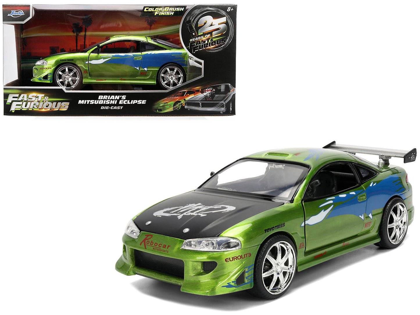 Brian's Mitsubishi Eclipse Green Brush Finish "The Fast and the Furious" (2001) Movie 25 Years of Fast & Furious Anniversary 1/24 Diecast Model Car by Jada free shipping USA