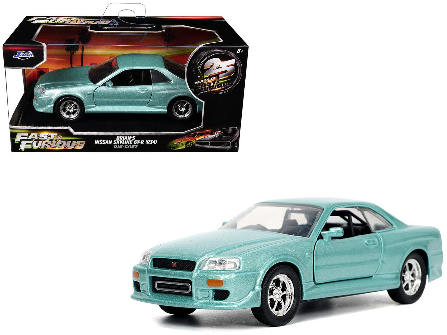 Brian's Nissan Skyline GT-R (BNR34) RHD (Right Hand Drive) Turquoise Metallic "Fast & Furious" Movie 1/32 Diecast Model Car by Jada free shipping USA