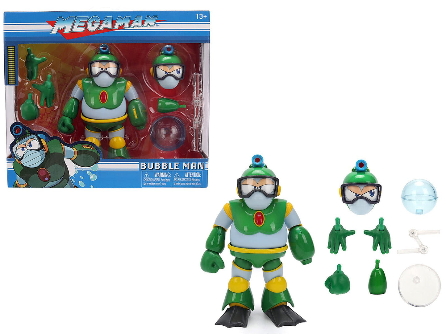 Bubble Man 5" Moveable Figure (Deluxe Version) with Accessories and Alternate Head and Hands "Mega Man" (1987) Video Game Model by Jada free shipping USA