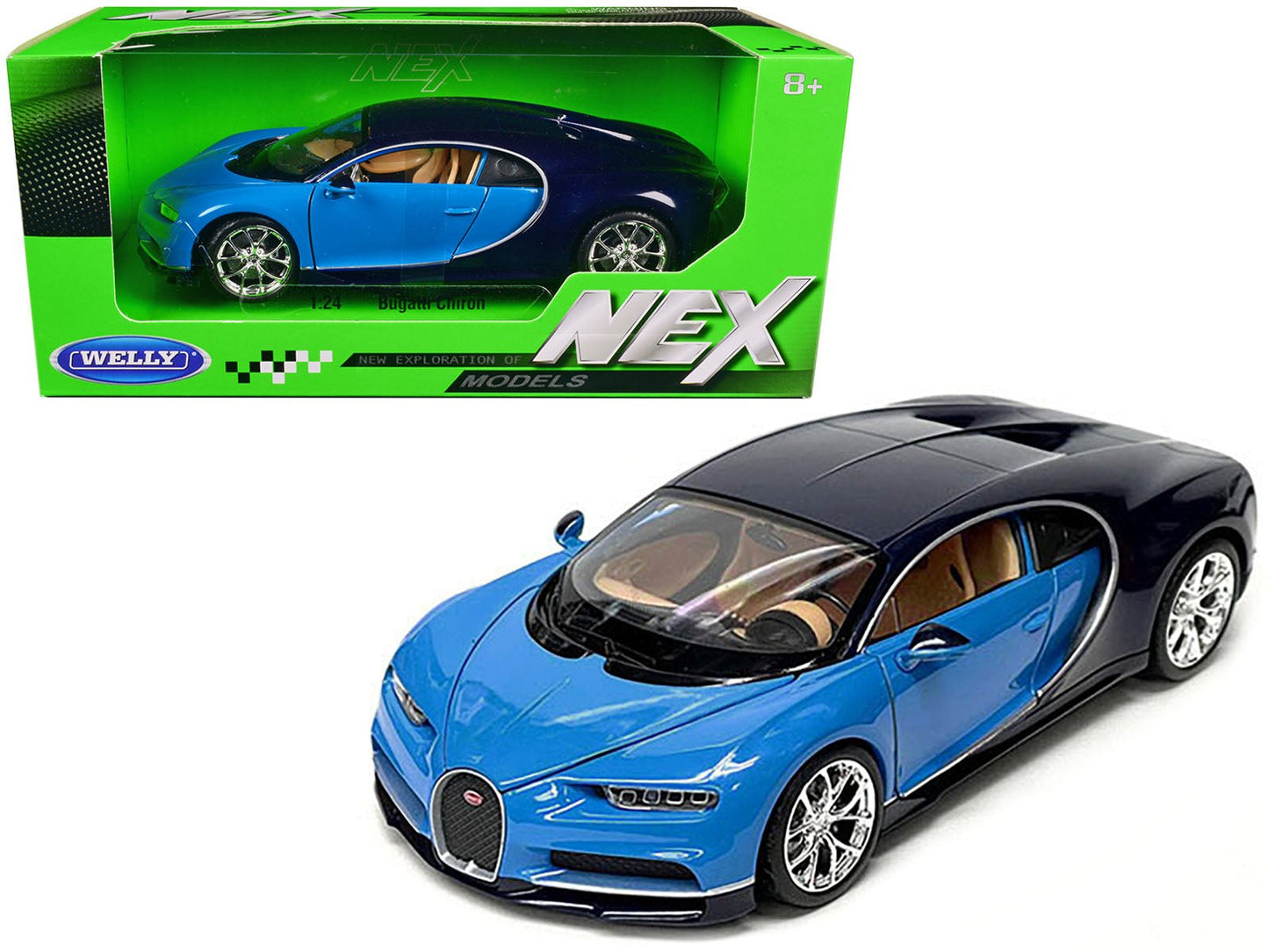 Bugatti Chiron Blue and Dark Blue Two-Tone "NEX Models" Series 1/24 Diecast Model Car by Welly free shipping USA