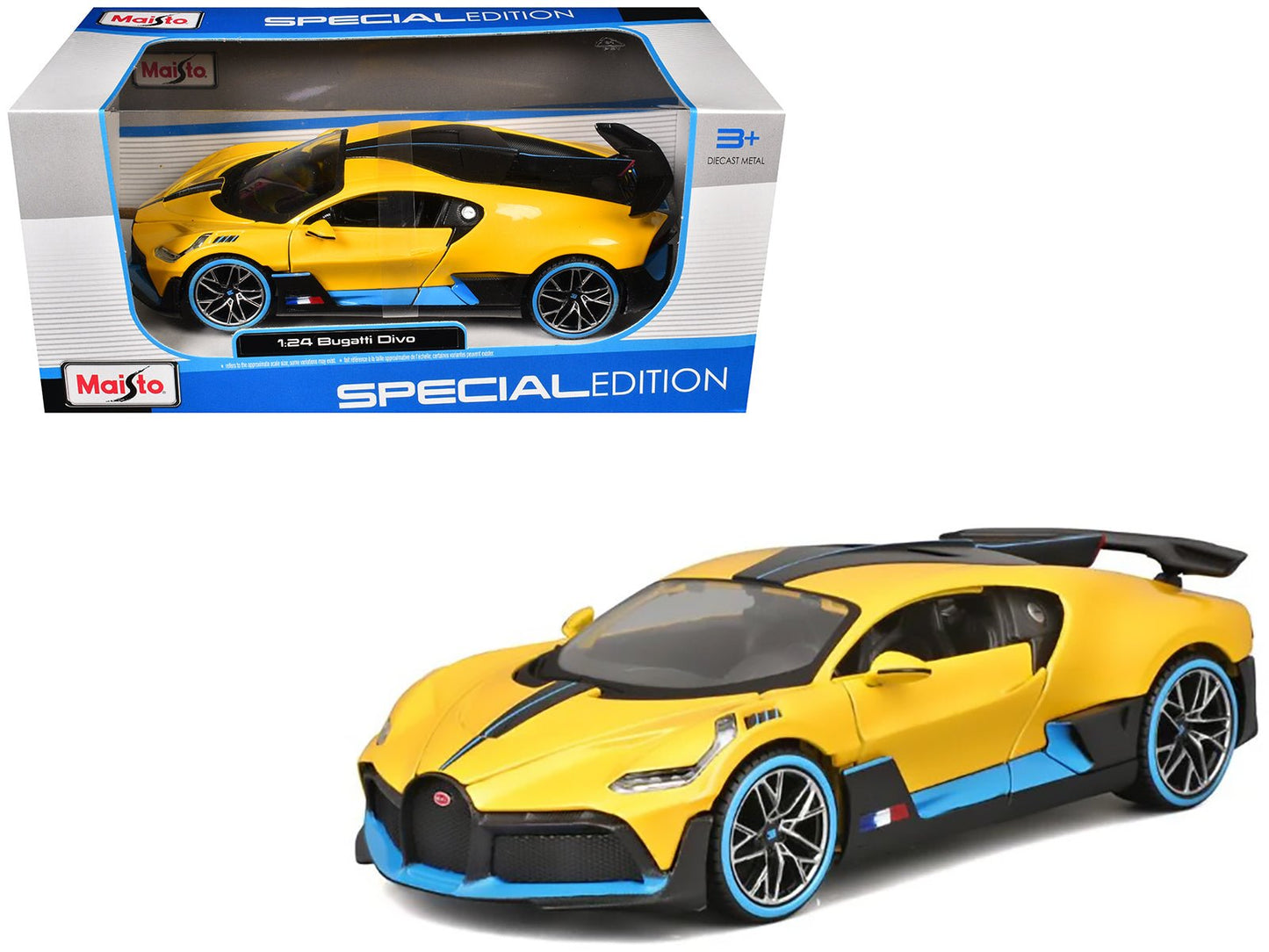 Bugatti Divo Yellow Metallic with Carbon and Blue Accents "Special Edition" 1/24 Diecast Model Car by Maisto free shipping USA