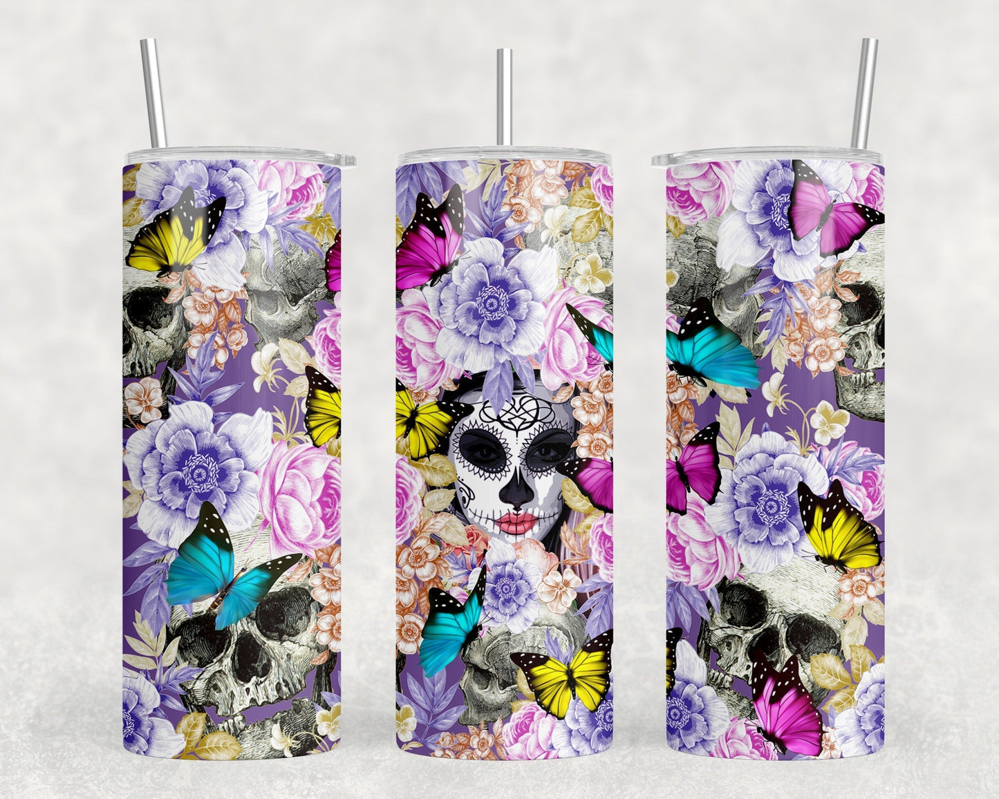 Butterfly Sugar Skull - 20 oz Steel Skinny Tumbler - Optional Blue Tooth Speaker - Speaker Color will Vary by Rowdy Ridge Co