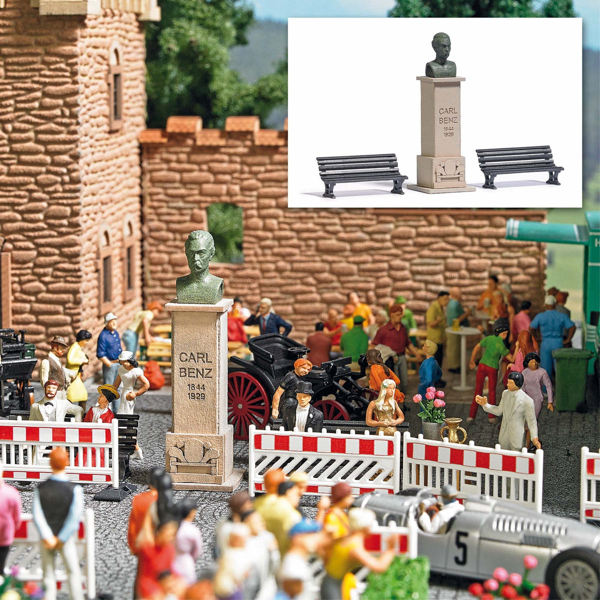 Busch 7732 HO Scale Carl Benz Statue with 2 Benches