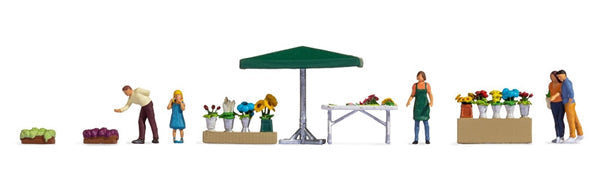 Noch 16227 HO Scale Farmers Market Flower Stall -- 5 Figures, Umbrella, Table with Flowers, 2 Stands with Vases, 2 Crates, Pott