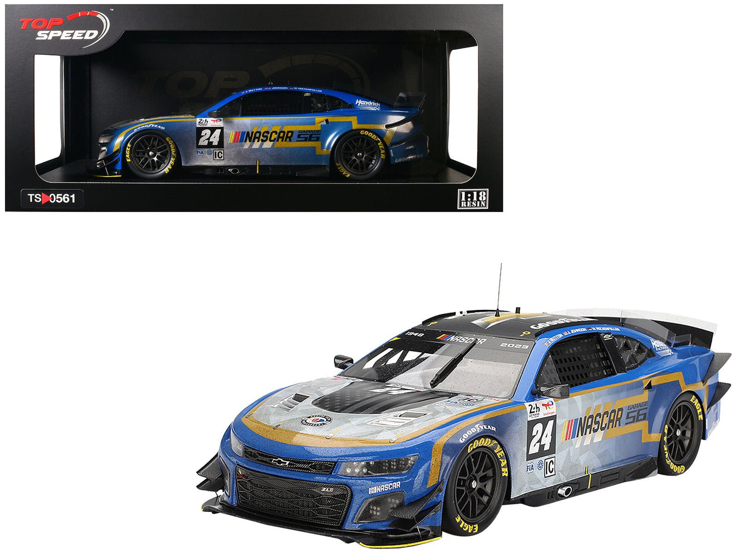 Chevrolet Camaro ZL1 #24 Jenson Button - Jimmie Johnson - Mike Rockenfeller (Post-Race Weathered Version) "Hendrick Motorsports - NASCAR Next Gen Garage 56" Innovative "24 Hours of Le Mans" (2023) 1/18 Model Car by Top Speed free shipping USA