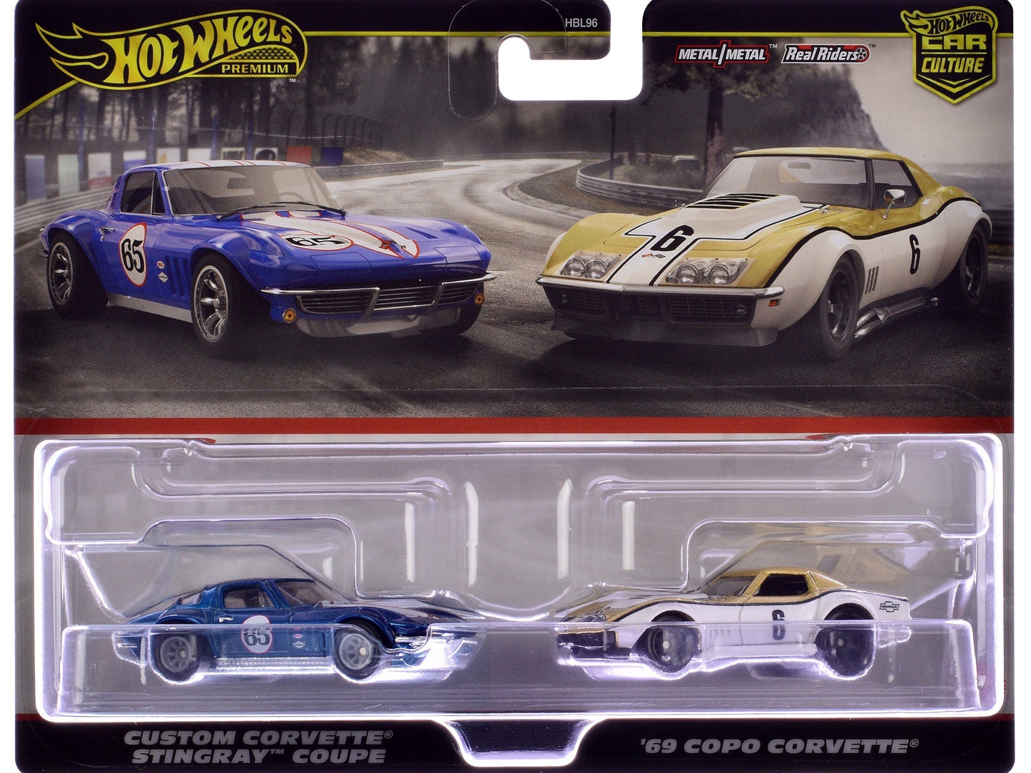Chevrolet Custom Corvette Stingray Coupe #65 Blue Metallic with White Stripes and 1969 Chevrolet COPO Corvette #6 Gold Metallic and White "Car Culture" Set of 2 Cars Diecast Model Cars by Hot Wheels free shipping USA
