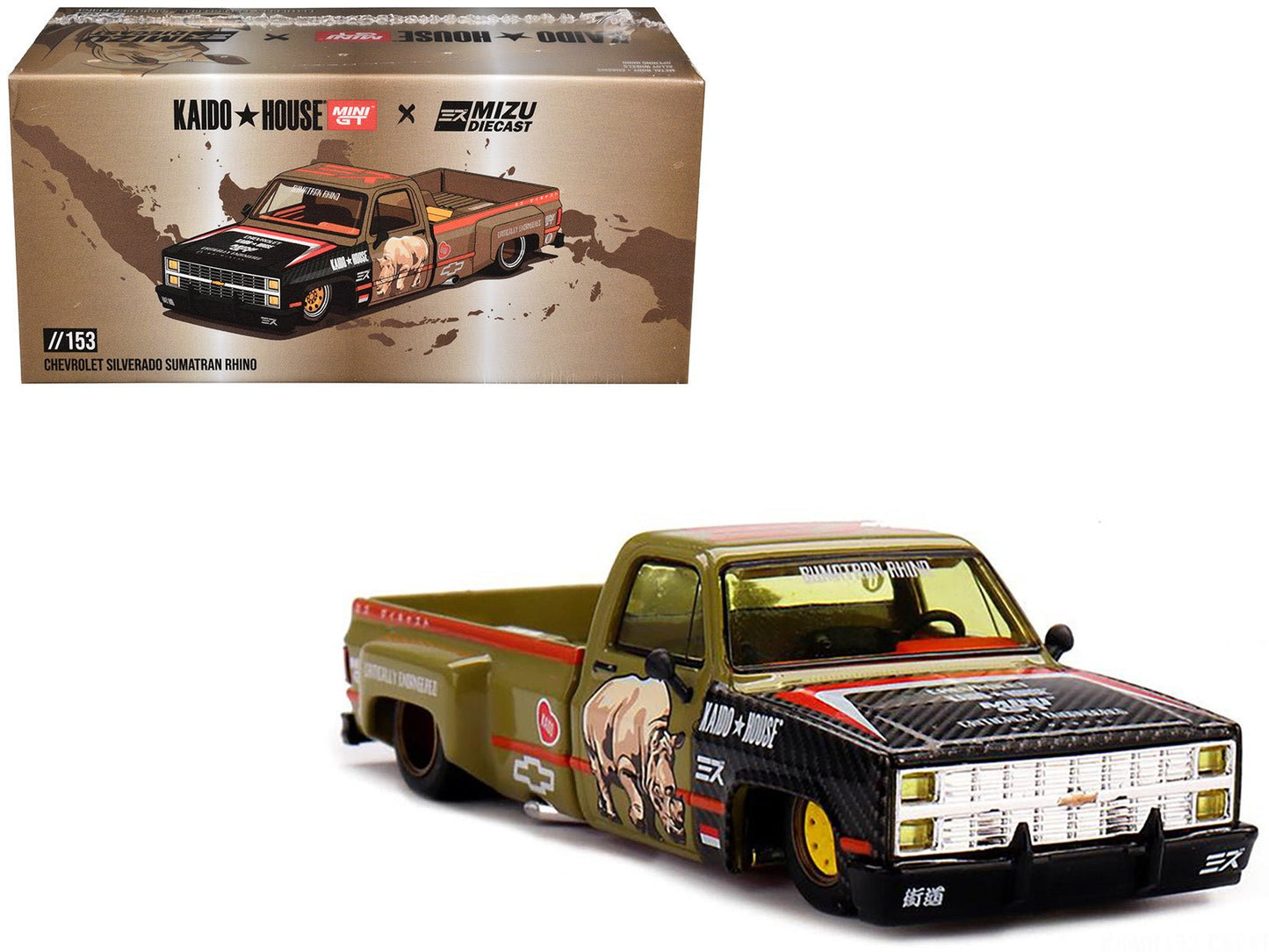 Chevrolet Silverado Dually Pickup Truck "Sumatran Rhino" Tan and Carbon with Graphics (Designed by Jun Imai) "Kaido House" Special 1/64 Diecast Model Car by Mini GT free shipping USA