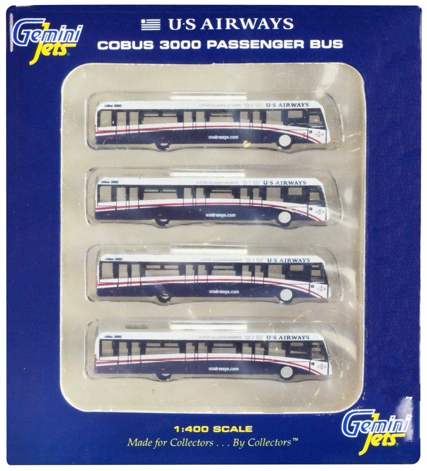 Cobus 3000 Passenger Bus White and Blue "US Airways Shuttle Bus" 4 Piece Set 1/400 Diecast Models by GeminiJets free shipping USA