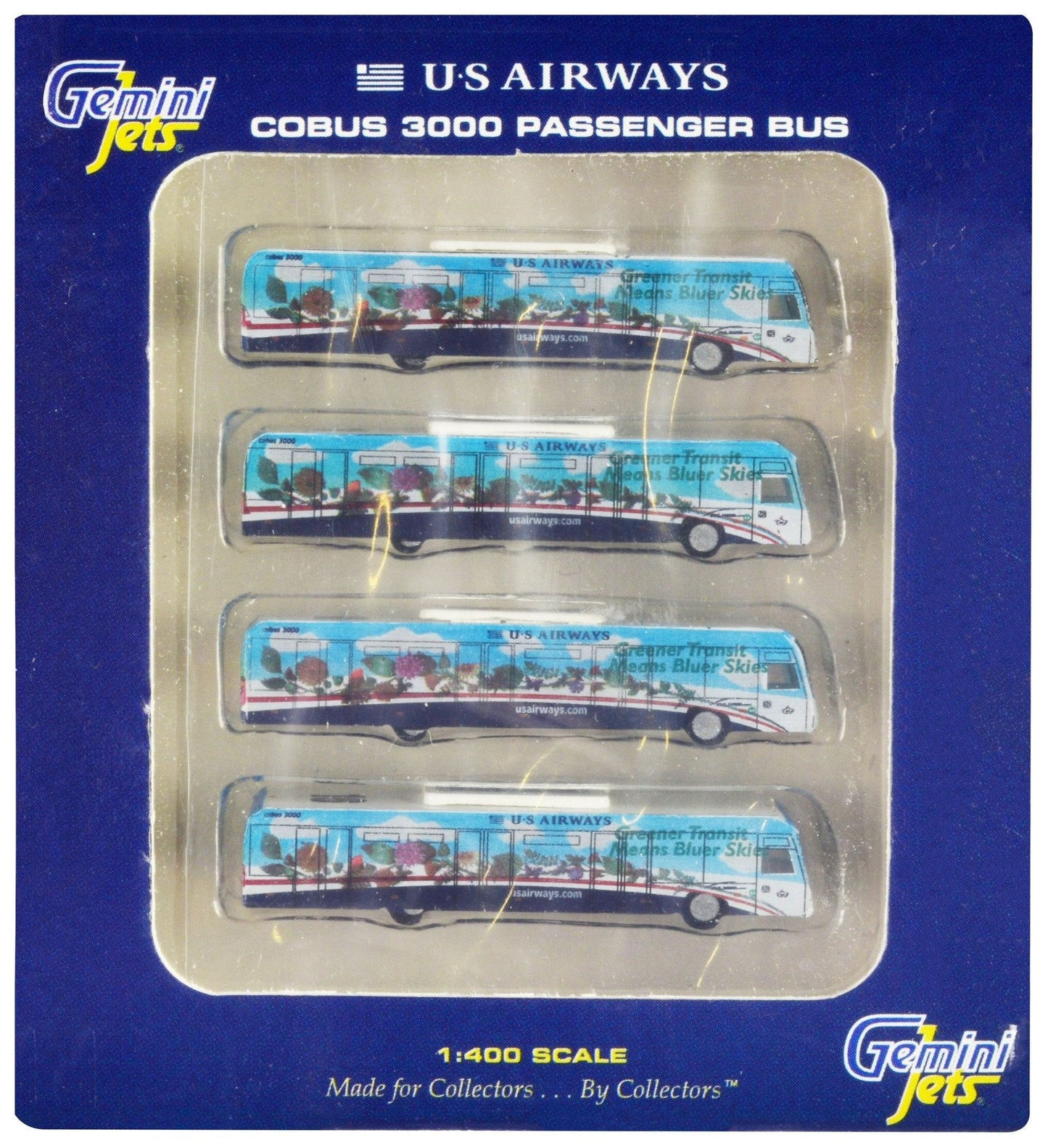 Cobus 3000 Passenger Bus White and Blue with Graphics "US Airways Shuttle Bus - Greener Transit" 4 Piece Set 1/400 Diecast Models by GeminiJets free shipping USA