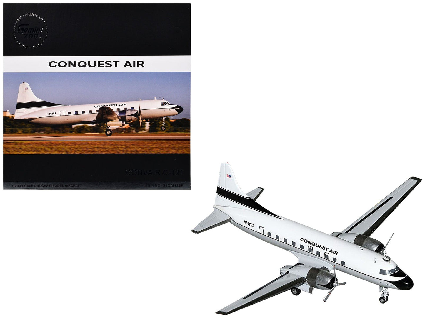 Convair C-131 Commercial Aircraft "Conquest Air Cargo" (N342GS) White with Black Tail Stripes "Gemini 200" Series 1/200 Diecast Model Airplane by GeminiJets free shipping USA