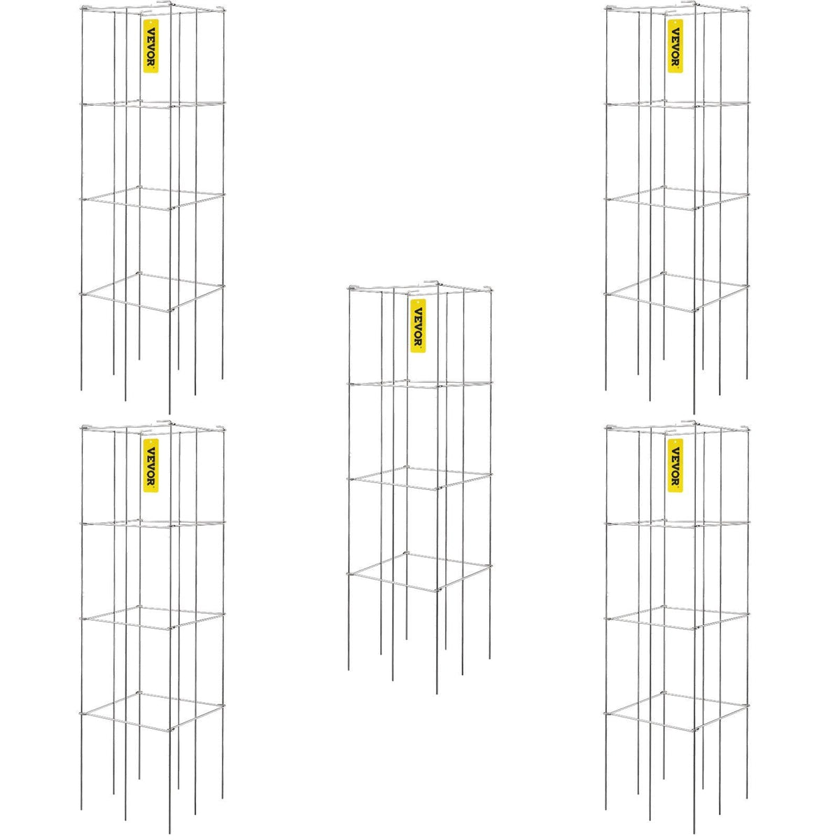 Tomato Cages, 11.8" x 11.8" x 46.1", 5 Packs Square Plant Support Cages, Silver PVC-Coated Steel Tomato Towers for Climbing Vegetables, Plants, Flowers, Fruits