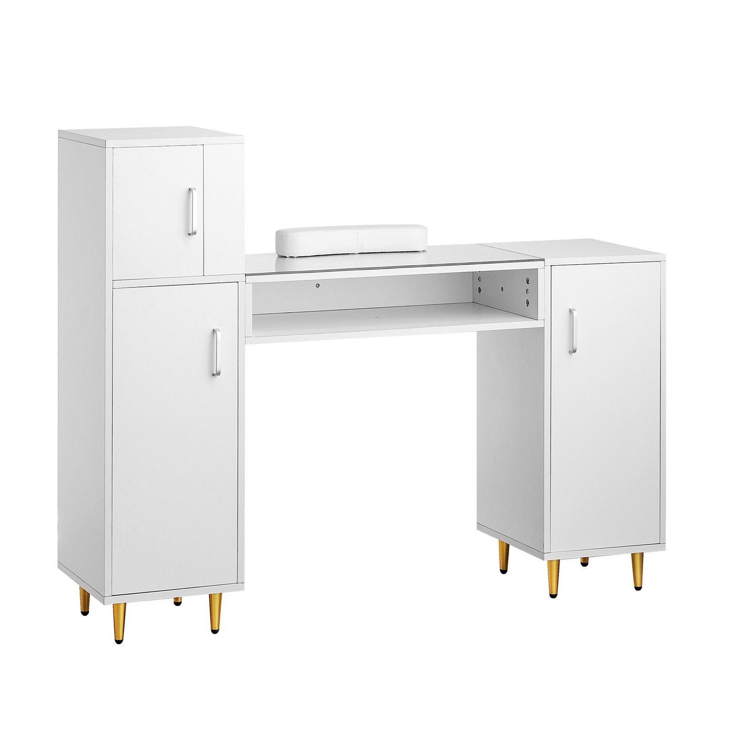 Manicure Table, Glass Top Nail Desk, Makeup Dressing Nail Station with Storage Cabinets, Acetone-Resistant Nail Tech Table for Beauty Salon Spa Workstation with 8 Metal Legs, Wrist Rest, White