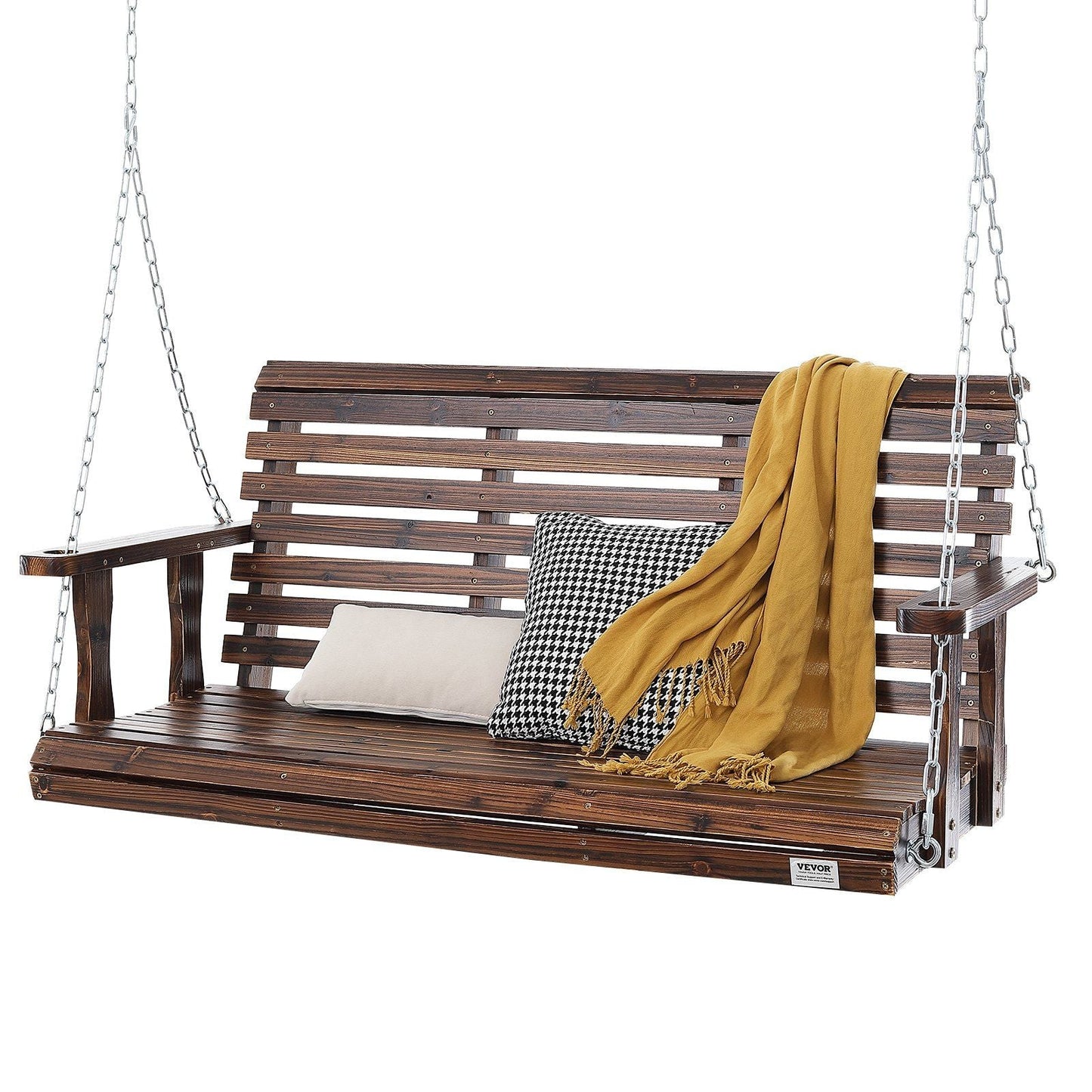 Wooden Porch Swing 4.5 ft, Patio bench swing for Courtyard & Garden, Upgraded 880 lbs Strong Load Capacity, Heavy Duty Swing Chair Bench with Hanging Chains for Outdoors, Carbonized Brown