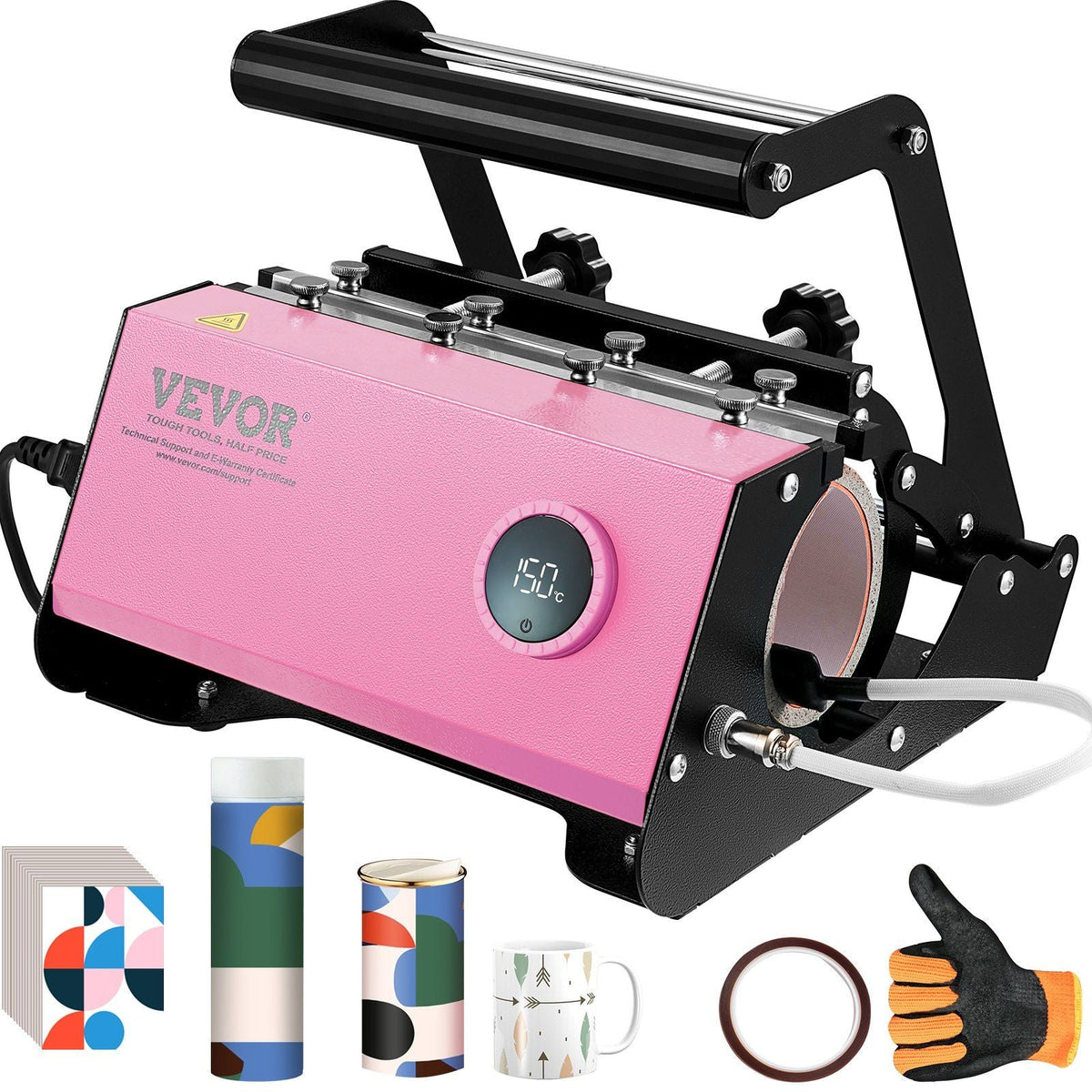 Mug Heat Press, 11-30oz Tumbler Heat Press Machine, Sublimation Transfer Straight Skinny Tumblers, Cup Heat Press with Heat-resist Gloves & Tape, DIY Ceramic Mugs Cups Glasses, As Gift, Pink