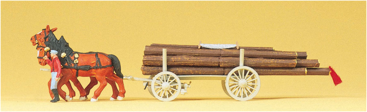 Preiser 30465 HO Scale Horse-Drawn Log Wagon w/Driver
