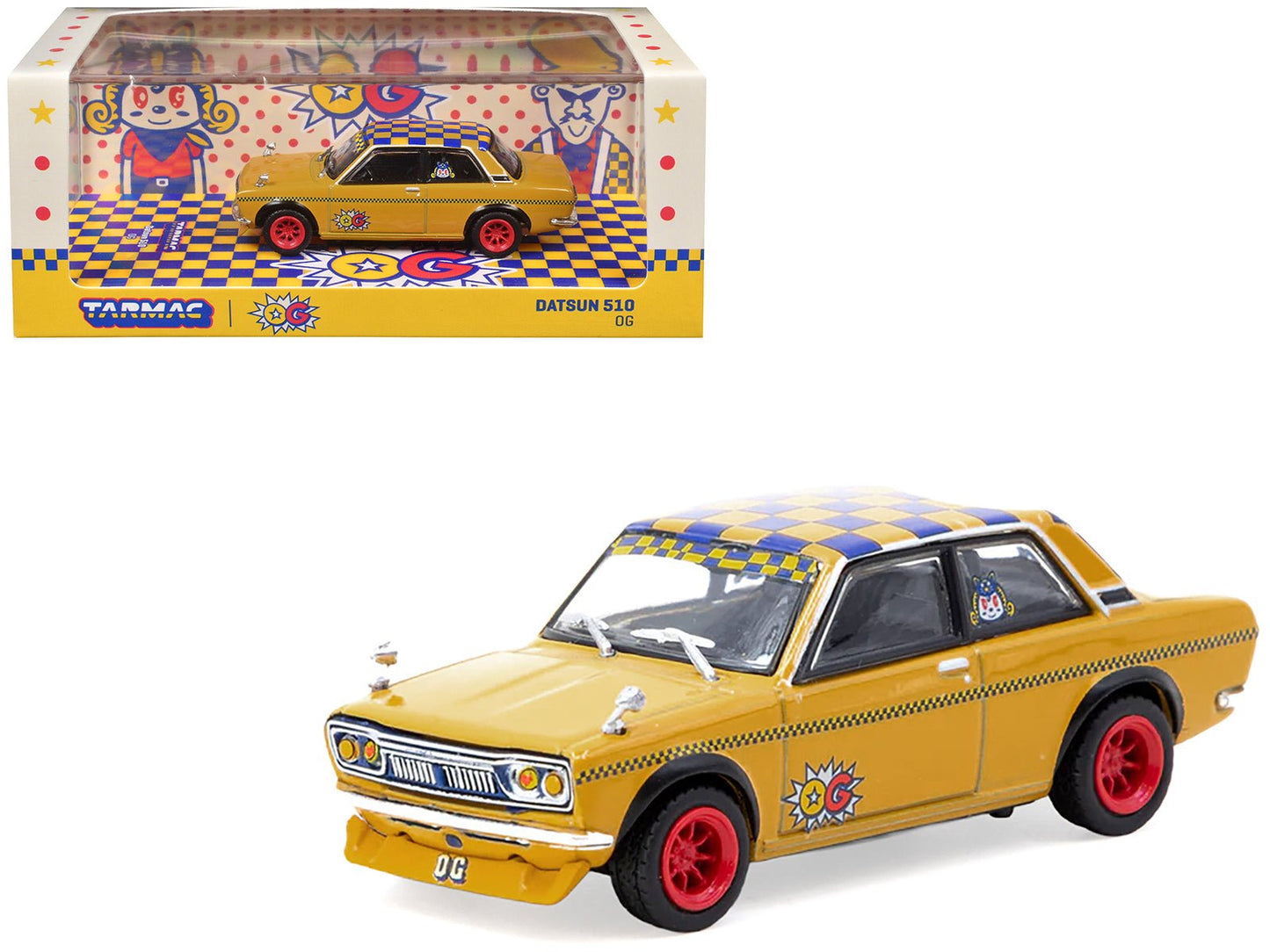 Datsun 510 "OG Beer" Yellow with Checkered Top "Hobby64" Series 1/64 Diecast Model Car by Tarmac Works free shipping USA