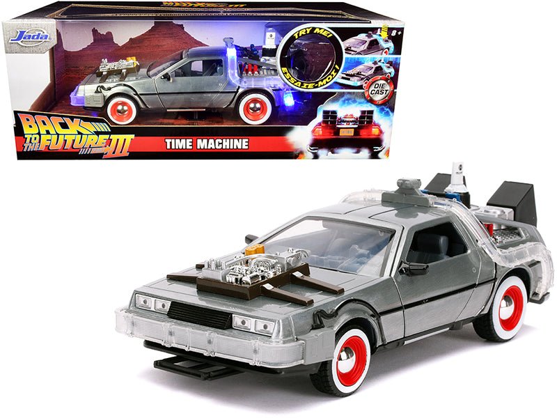 DeLorean Brushed Metal Time Machine with Lights "Back to the Future Part III" (1990) Movie "Hollywood Rides" Series 1/24 Diecast Model Car by Jada free shipping USA