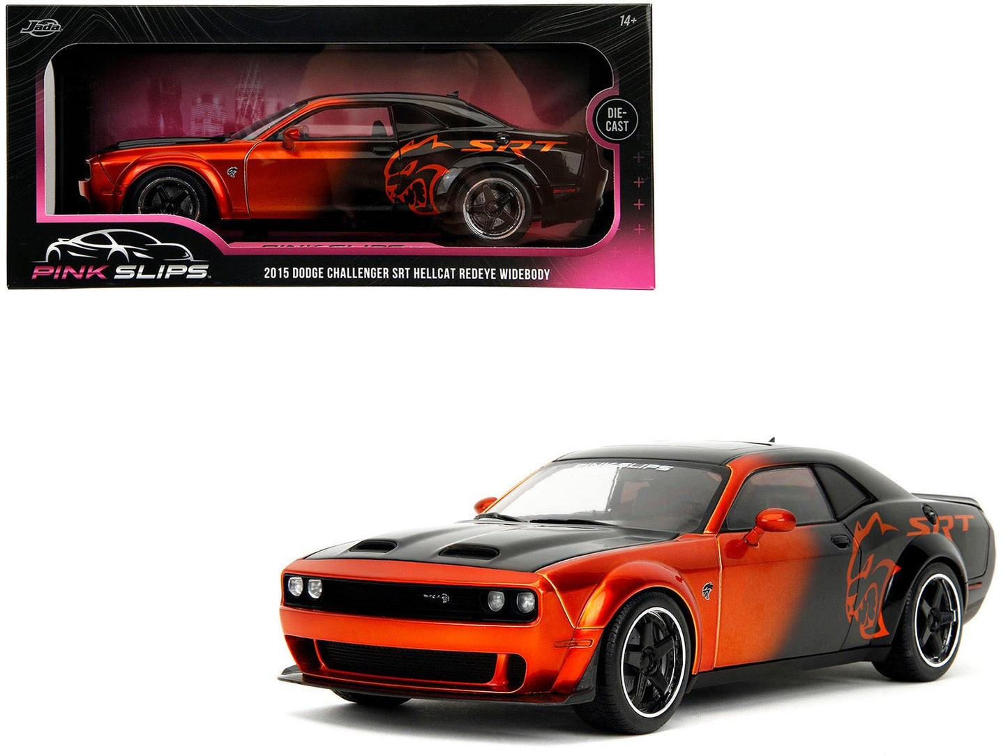 Dodge Challenger SRT Hellcat Orange Metallic and Black "Pink Slips" Series 1/18 Diecast Model Car by Jada free shipping USA