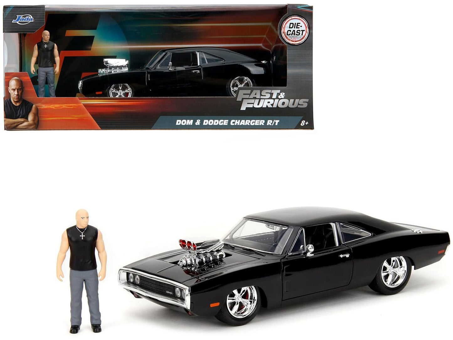 Dodge Charger R/T Black with Dom Diecast Figure "Fast & Furious" (2009) Movie "Hollywood Rides" Series 1/24 Diecast Model Car by Jada free shipping USA