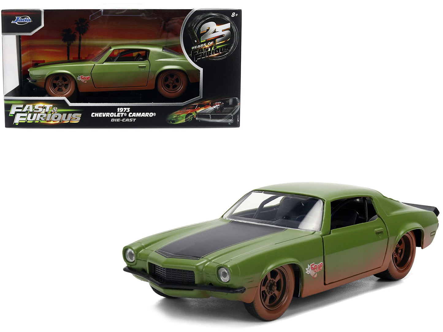 Dom's 1973 Chevrolet Camaro "F-Bomb" Matt Green (Dirty Version) with Black Hood Stripe "Fast & Furious" (2009) Movie "Fast & Furious 25 Years" Series 1/32 Diecast Model Car by Jada free shipping USA