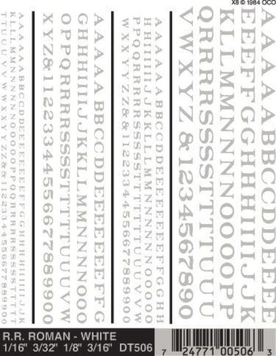 Woodland Scenics DT506 RR Roman White Decals 1/16-3/16" Train Decal Sheet